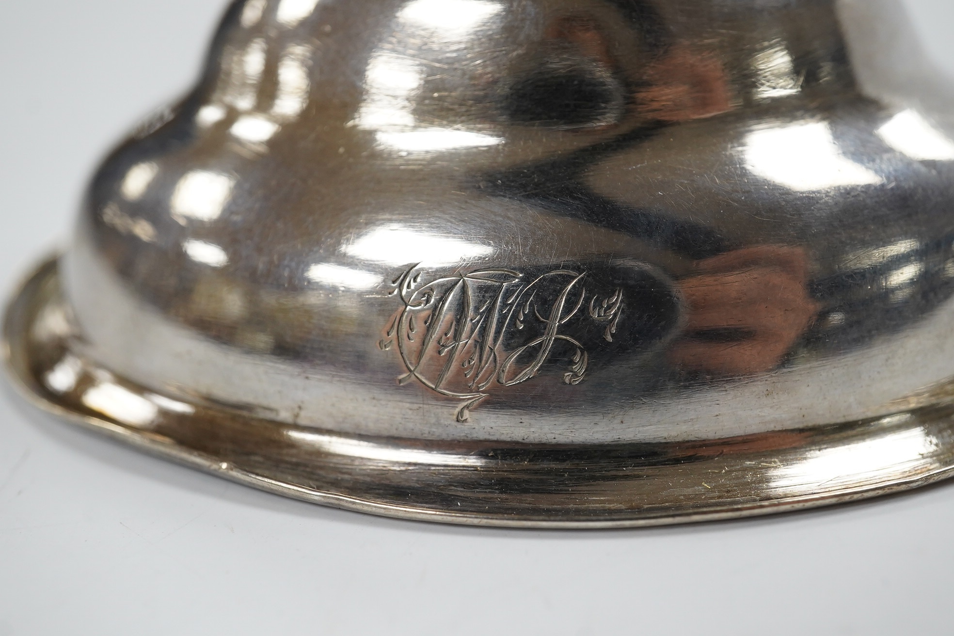 A George III silver oval wine funnel, by John Lias?,with engraved monogram, Sheffield, 1802, 12.2cm, 2.5oz. Condition - poor